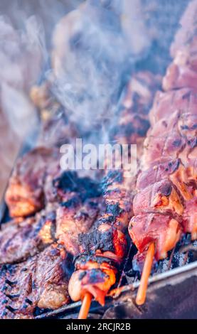 spiedini alla griglia con vari antipasti a base di carne per pranzo, ancora fumando sul barbecue Foto Stock