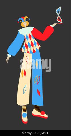 Harlequin. Carattere di pantomima e commedia dell'arte. Commedia italiana Circus, elemento di design banner carnevalesco illustrazione vettoriale. Isolato Illustrazione Vettoriale