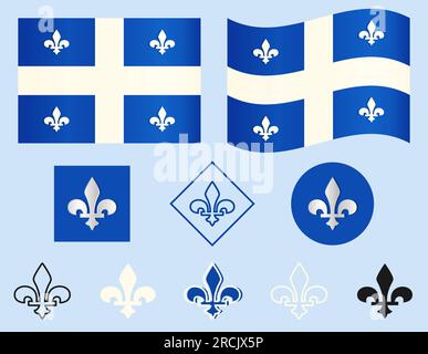 Bandiera del Québec, Canada Fleur-de-lis simbolo della Dinastia Borbonica francese Bandiere e icone collezione di diversi tipi Argento, nero, bianco e decorati Illustrazione Vettoriale