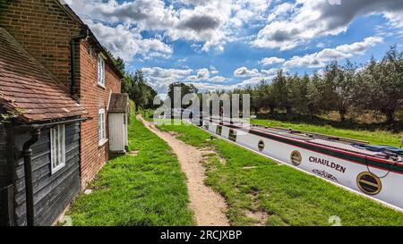 Wey Navigation e Basingstoke Canal l'intero percorso blocca la pista ciclabile delle barche dei canali Foto Stock