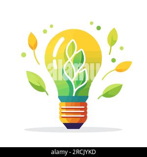 Lampadina ecologica con piante verdi. Energia rinnovabile e sostenibile. Illustrazione vettoriale. Illustrazione Vettoriale