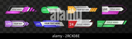 Terzo titolo inferiore. Modelli di video, banner con nomi in tempo reale per lo streaming di calcio. Intestazioni televisive o di trasmissioni Web. Design digitale della cornice geometrica. Illustrazione Vettoriale