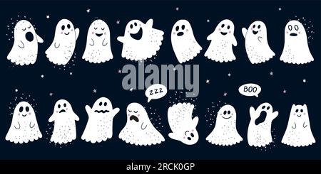 Carino fantasma. Personaggi per bambini di Halloween, espressione boo, spettrale amico dei bambini fantasma. Buffi fantocci bianchi con emozioni diverse. Personaggi delle anime morte. Decorazioni per le vacanze autunnali. Illustrazione vettoriale Illustrazione Vettoriale