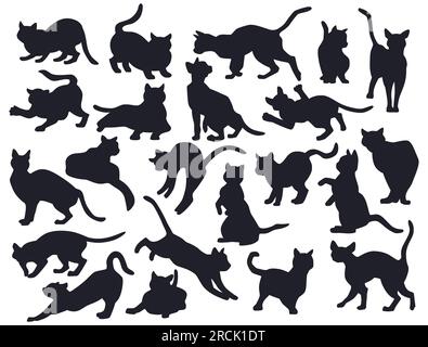 Sagome Cat. Icone nere, animali ombra seduti, posa della coda dei gattini, allegro cucciolo in piedi. Simpatici e divertenti animali domestici che giocano, clinica veterinaria, elementi decorativi isolati. Illustrazione del profilo vettoriale Illustrazione Vettoriale