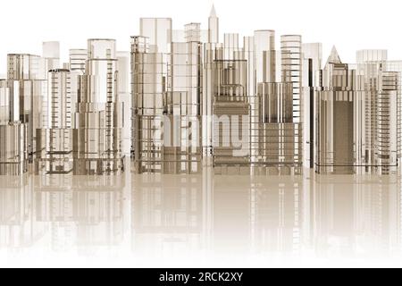 3D'illustrazione. Skyline della città su sfondo bianco con la riflessione. Foto Stock