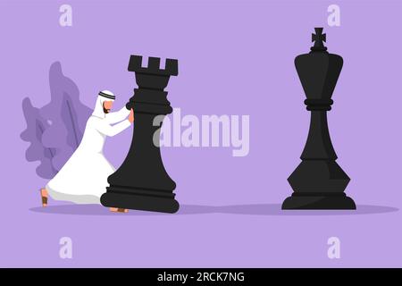 Grafica piatta disegnando un uomo d'affari arabo competitivo spinge un enorme pezzo da scacchi a torre per battere il re. Strategia aziendale e piano di marketing. M. Strategica Foto Stock