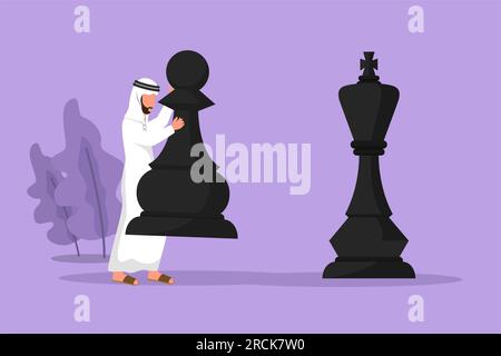 Personaggio piatto che disegna un uomo d'affari arabo che tiene un pedone da scacchi per battere gli scacchi re. Pianificazione strategica, strategia di sviluppo aziendale, tattiche in ent Foto Stock