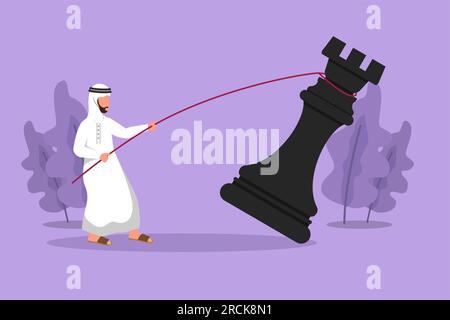 Stile piatto dei cartoni animati che disegna la giovane motivazione uomo d'affari arabo che tira grandi scacchi con la corda. Obiettivo di raggiungimento aziendale, idea, strategia, competiti Foto Stock