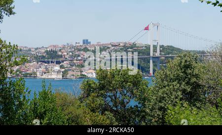Parco Fethi Pasa Korusu a Uskudar con vista del Ponte Martrys, conosciuto anche come Ponte sul Bosforo e Moschea Ortakoy. Istanbul, Turchia Foto Stock