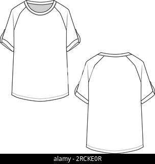 T-shirt casual girocollo con maniche arrotolate Raglan disegno tecnico piatto Illustrazione Vettoriale