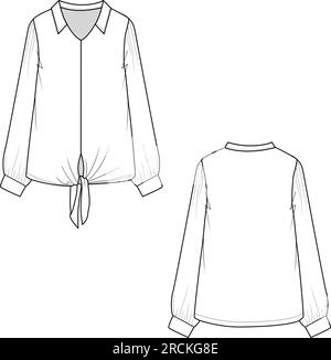 T-shirt a manica lunga con collo a V e colletto moda blusa superiore con disegno a disegno piatto vettoriale Illustrazione Vettoriale