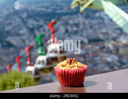 Gateau Grenoblois, torta di caffè alla noce francese, specialità di Grenoble e vista sulla parte centrale della città di Grenoble dai fortini della Bastiglia con le montagne A. Foto Stock