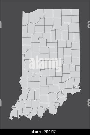 La mappa amministrativa dello Stato dell'Indiana è isolata su sfondo scuro Illustrazione Vettoriale