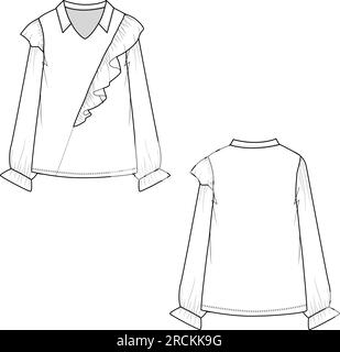 Fashion One Side shoulder Ruffle Sleeve Meeting Top Flat sketch Technical drawing Design Vector Illustrazione Vettoriale