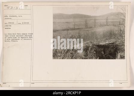 La Cigalerie è mostrata qui come vista dalla trincea del fronte tedesco situata vicino all'incrocio di strade vicino alla Fonderie FME, 3 chilometri a sud-ovest di Avocourt, Mosa, Francia. La foto è stata scattata il 20 febbraio 1919 e catturata dal sergente Seabrook della Carolina del Sud. Questa immagine è contrassegnata come soggetto 53131 e numero di fotografo MCD 4-8-19. Vedere la foto 3784-F9 come riferimento. Foto Stock