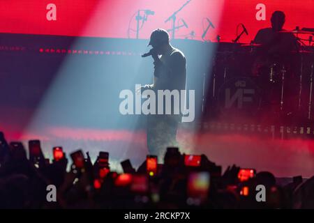 Chicago, Stati Uniti. 14 luglio 2023. Rapper NF (Nathan Feuerstein) durante l'Hope Tour all'Allstate Arena di Rosemont, Illinois, il 14 luglio 2023 (foto di Daniel DeSlover/Sipa USA) credito: SIPA USA/Alamy Live News Foto Stock