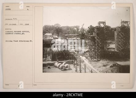 Didascalia: 'Chemical Warfare Service Personnel working at the filling Plant site of Group #3. Questa fotografia è stata scattata nel 1918 all'Edgewood Arsenal, Maryland. Il sito è stato responsabile della produzione e distribuzione di armi chimiche durante la prima guerra mondiale." Foto Stock