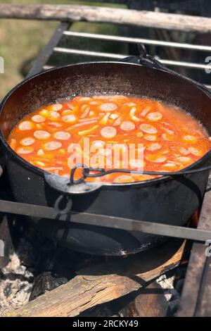 Zuppa di Solyanka in un calderone. Cucinare a fuoco aperto. Primo piano. Foto Stock