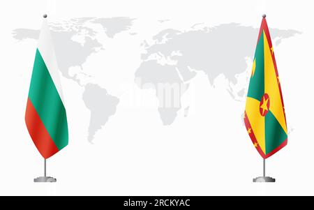 Bulgaria e Grenada bandiere per un incontro ufficiale sullo sfondo della mappa mondiale. Illustrazione Vettoriale