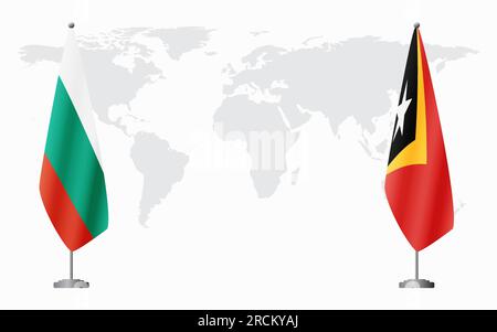 Bulgaria e Timor Est bandiere per un incontro ufficiale sullo sfondo della mappa mondiale. Illustrazione Vettoriale