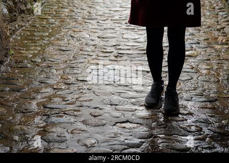 le gambe della donna sono sagomate su un sentiero acciottolato bagnato. giornata piovosa in autunno o in inverno Foto Stock