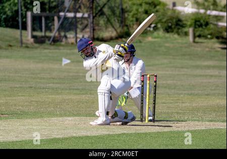 East Dean e Friston contro Seaford. Partita di cricket di sabato pomeriggio nel Sussex. Foto Stock