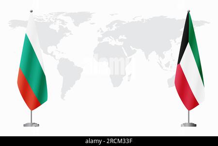 Bulgaria e Kuwait bandiere per un incontro ufficiale sullo sfondo della mappa mondiale. Illustrazione Vettoriale