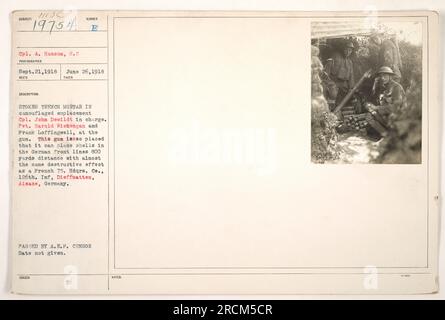 I soldati americani gestiscono un mortaio trench in un piazzamento mimetico durante la prima guerra mondiale. Caporale A. Hanson è il fotografo di questa immagine, scattata il 21 settembre 1918. La pistola, sotto il comando del caporale John Dewildt, è presidiata dai privati Harold Wiehengan e Frank Loffingwell. Posizionato strategicamente dal 126th Infantry HQ, può raggiungere le linee del fronte tedesco a circa 800 metri di distanza, fornendo un impatto distruttivo simile a quello di un'artiglieria francese del 75. Ubicazione: Dieffmatton, Alsazia, Germania. Questa fotografia è stata passata dalla censura A.E.F. ma la sua data esatta di emissione Foto Stock