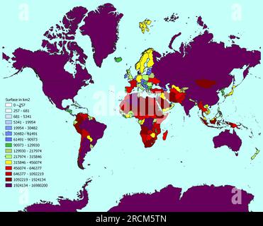 Mappa del mondo con i paesi classificati per area Foto Stock