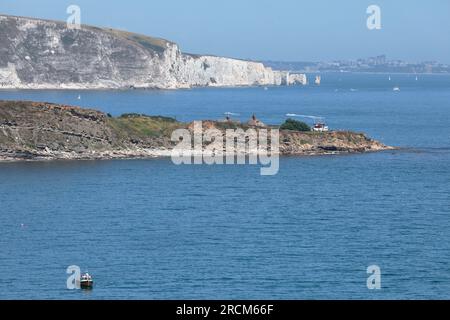 Una vista sulla baia di Durlston fino a Peveril Point e Old Harry Rocks in una giornata di sole d'estate Foto Stock