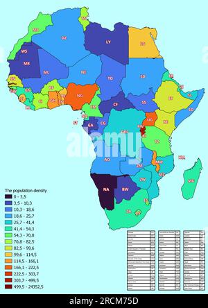 Mappa dell'Africa con i paesi classificati per densità di popolazione Foto Stock