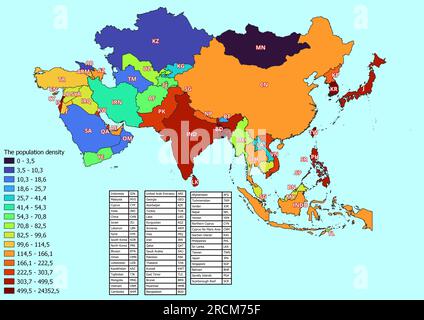 Mappa dell'Asia con i paesi classificati per densità di popolazione Foto Stock