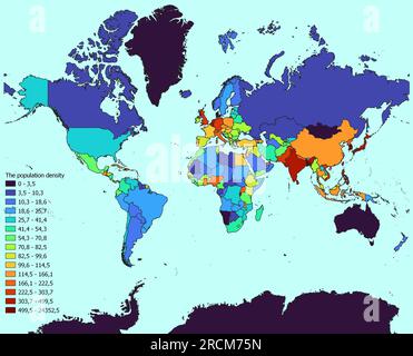 Mappa del mondo con i paesi classificati per densità di popolazione Foto Stock