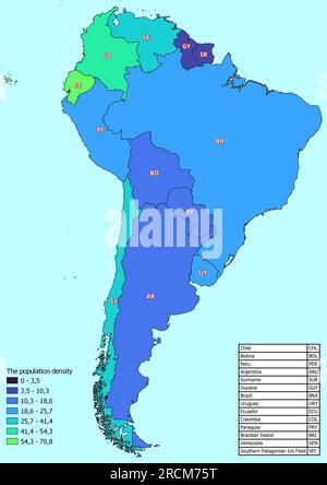 Mappa del Sud America con i paesi classificati per densità di popolazione Foto Stock