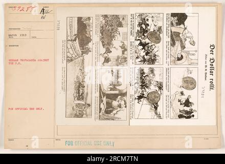 Propaganda tedesca contro gli Stati Uniti durante la prima guerra mondiale. L'immagine mostra un montaggio di varie scene, tra cui soldati, un calendario che mostra i dollari che passano e una mappa degli Stati Uniti con una lente d'ingrandimento focalizzata su un'area. Didascalia: 'Propaganda tedesca mirata agli Stati Uniti, marzo 1919.' Foto Stock