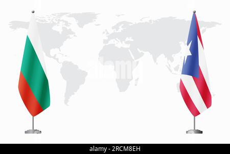 Bulgaria e Porto Rico bandiere per un incontro ufficiale sullo sfondo della mappa mondiale. Illustrazione Vettoriale