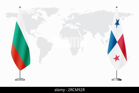 Bandiere di Bulgaria e Panama per un incontro ufficiale sullo sfondo della mappa mondiale. Illustrazione Vettoriale