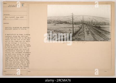 Soldati americani in piedi vicino a un campo di battaglia a Mesy. La fotografia mostra il binario ferroviario con la collina 231 in lontananza. Il villaggio di Moulins è visibile a destra, mentre una linea di alberi segna la foce del fiume Surmelin a sinistra. Le tombe lungo la pista e la recinzione sono americane, illustrando i pesanti combattimenti che hanno avuto luogo in questo settore. Foto Stock