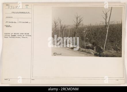 Didascalia: Servizio di pronto soccorso privato Trabold del Signal Corps è fotografato vicino a Verdun, Mosa, Francia. L'immagine cattura il terreno accidentato dove gli Alleati combatterono durante la prima guerra mondiale, in particolare a nord di Verdun. Questa foto è stata scattata il 21 novembre, anche se non sono disponibili ulteriori note. Foto Stock