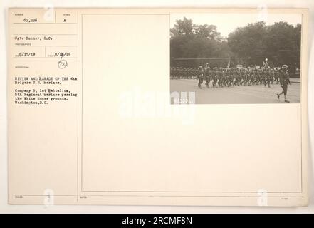 4th Brigade, Stati Uniti Marines che conducono una revisione e una parata a Washington, D.C. Compagnia B, 1st Battalion, 5th Regiment Marines che passano accanto ai terreni della Casa Bianca. Foto scattata dal sergente Bonner. Immagine numero 62.226. Con IL SIMBOLO A. Annotazione: RE/15/19 e TAXEH8/138/19. Foto Stock