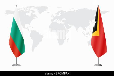 Bulgaria e Timor orientale bandiere per un incontro ufficiale sullo sfondo della mappa mondiale. Illustrazione Vettoriale