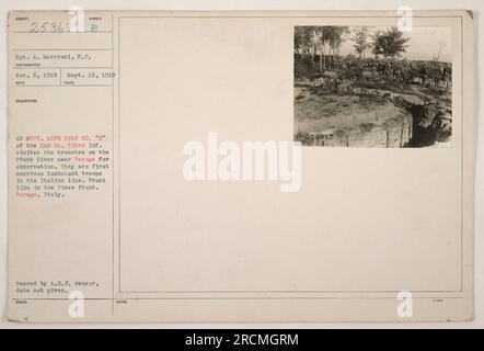 Sgt. A. Marcioni, S.C. scatta una fotografia il 16 settembre 1918 di Co. "E" del 2° BN. 332° Inf. Visita le trincee sul fiume Piave vicino a Varage per l'osservazione. Sono le prime truppe combattenti americane nella linea italiana. Questa foto cattura la prima linea del fronte del Piave a Varage, Italia. L'immagine è passata da A.E.F. censor, anche se la data non è indicata. Foto Stock