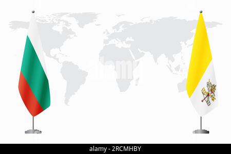 Bandiere della Bulgaria e del Vaticano per l'incontro ufficiale sullo sfondo della mappa mondiale. Illustrazione Vettoriale