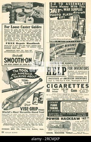 Pagina pubblicitaria strumenti dispositivi sulla rivista Popular Science, USA, febbraio 1949 Foto Stock