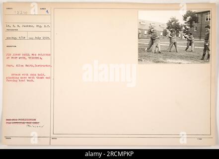 Immagine del tenente E.N. Jackson del Signal Reserve Corps che partecipò ad un'esercitazione jiu-jitsu a Fort Myer, Virginia, nel luglio 1918. Il capitano Allen Smith viene visto istruire il tenente Jackson su una tecnica che prevede una presa per il mento, pizzicando il naso con il pollice e forzando la testa indietro. Questa fotografia non è destinata alla pubblicazione ed è rilasciata esclusivamente per uso ufficiale. Foto Stock