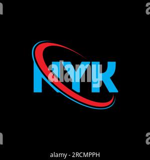 Logo NYK. Lettera NYK. Logo NYK Letter. Iniziali del logo NYK collegate con cerchio e monogramma maiuscolo. Tipografia NYK per tecnologia, affari Illustrazione Vettoriale