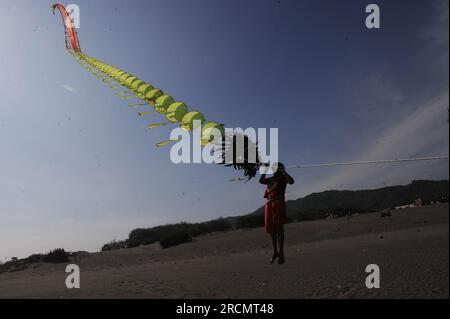 Parangkusumo Beach, Indonesia. 15 luglio 2023, parang kusumo, Yogyakarta, Indonesia: Centinaia di aquiloni di varie forme animano il Festival Internazionale degli aquiloni nella zona della spiaggia di Parangkusumo il 15 luglio 2023. Decine di club di operai e camerieri di varie regioni dell'Indonesia e a livello internazionale hanno partecipato a questo evento che mira a educare il pubblico sull'arena sicura per gli aquiloni. Crediti: ZUMA Press, Inc./Alamy Live News Foto Stock