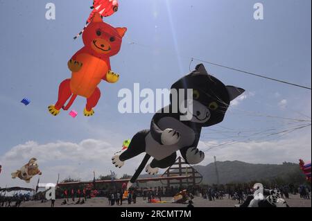 Parangkusumo Beach, Indonesia. 15 luglio 2023, parang kusumo, Yogyakarta, Indonesia: Centinaia di aquiloni di varie forme animano il Festival Internazionale degli aquiloni nella zona della spiaggia di Parangkusumo il 15 luglio 2023. Decine di club di operai e camerieri di varie regioni dell'Indonesia e a livello internazionale hanno partecipato a questo evento che mira a educare il pubblico sull'arena sicura per gli aquiloni. Crediti: ZUMA Press, Inc./Alamy Live News Foto Stock