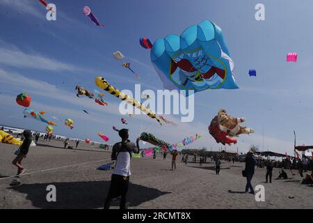 Parangkusumo Beach, Indonesia. 15 luglio 2023, parang kusumo, Yogyakarta, Indonesia: Centinaia di aquiloni di varie forme animano il Festival Internazionale degli aquiloni nella zona della spiaggia di Parangkusumo il 15 luglio 2023. Decine di club di operai e camerieri di varie regioni dell'Indonesia e a livello internazionale hanno partecipato a questo evento che mira a educare il pubblico sull'arena sicura per gli aquiloni. Crediti: ZUMA Press, Inc./Alamy Live News Foto Stock