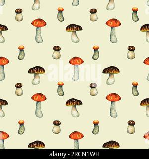 Modello ad acquerello senza cuciture con funghi commestibili rossi, porcini, bolo grande e piccolo. Illustrazione isolata disegnata a mano su beige, sfondo e. Foto Stock